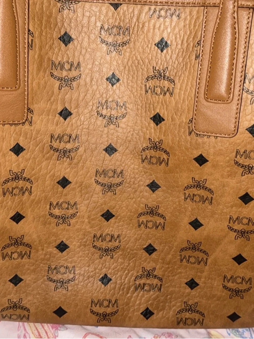 MCM Cognac Logo Visetos Tote with Gold Plate
